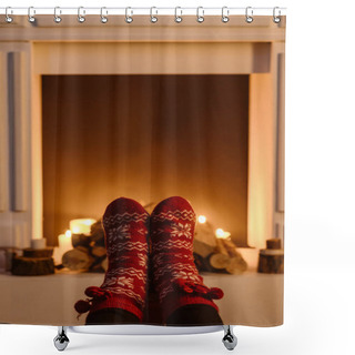 Personality  Cropped View Of Woman In Woolen Winter Socks With Fireplace On Background Shower Curtains