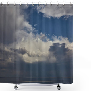 Personality  White Clouds On Blue Dark Sky Over Pond In Evening Shower Curtains