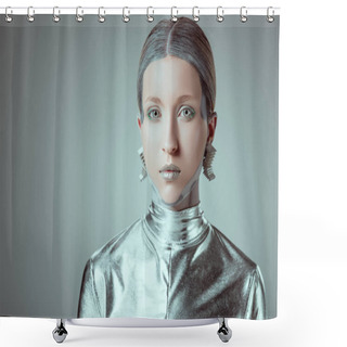 Personality  Futuristic Silver Female Robot Looking At Camera Isolated On Grey, Future Technology Concept  Shower Curtains