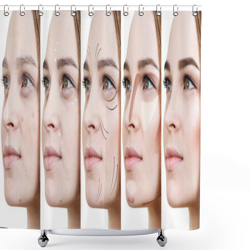 Personality  Collage of woman applying makeup step by step. shower curtains