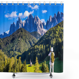 Personality  Active Elderly Woman-tourist With Backpack Photographs The Church Of Santa Maddalena In Dolomites. Forested Mountains Surrounded By Green Alpine Meadows. The Concept Of Ecological And Active Tourism Shower Curtains
