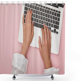Personality  Top View Of Woman Typing On Laptop Isolated On Pink  Shower Curtains