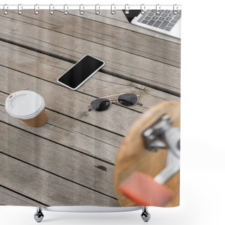 Personality  High Angle View Of Gadgets With Blank Screen, Sunglasses And Paper Cup On Wooden Table Near Blurred Longboard  Shower Curtains