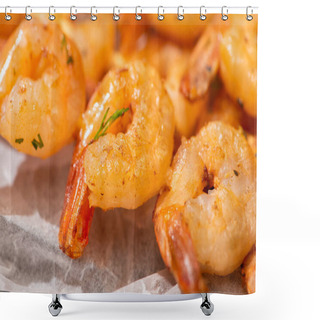 Personality  Close Up View Of Crispy Prawns On Parchment Paper Shower Curtains