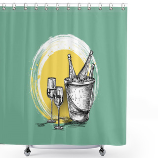 Personality  Sketch Of Wine Bottle, Glass Of Red Wine. Hand Drawn Sketch Vect Shower Curtains