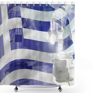 Personality  Greece Science Development Conceptual Background - Microscope On Flag. Research In Physics Or Genetics, 3D Illustration Of Object Shower Curtains