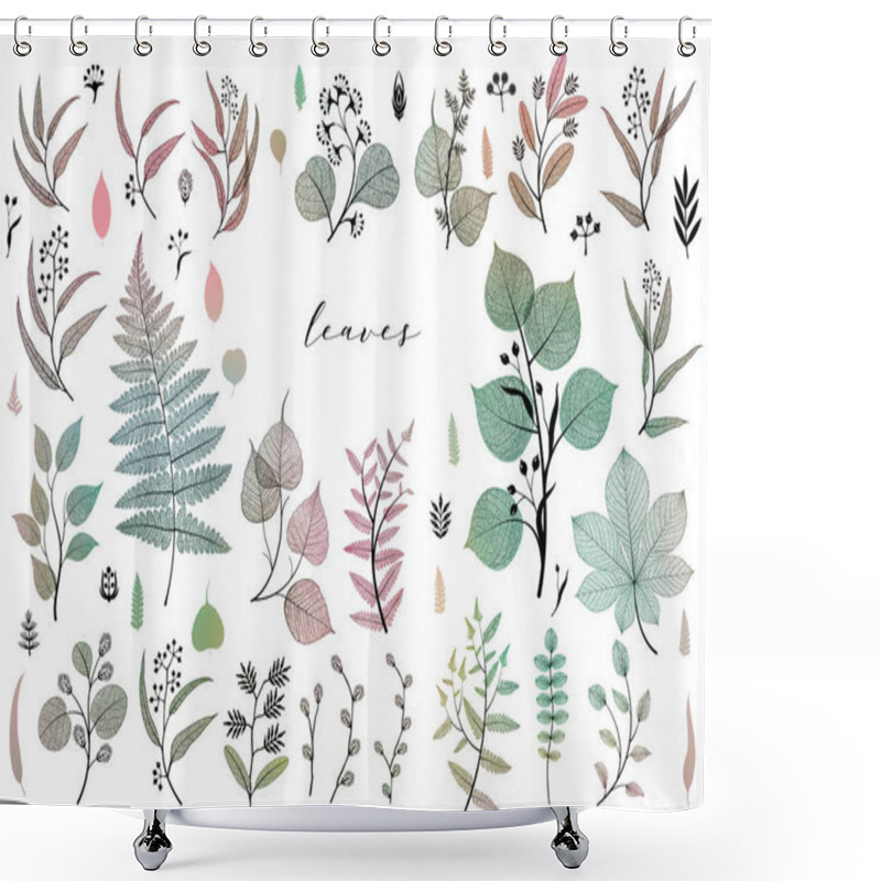 Personality  Branches And Leaves, Fall, Spring, Summer. Vintage Botanical Illustration, Floral Elements In Colorful Shower Curtains