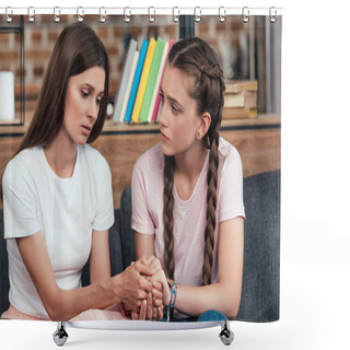Personality  Selective Focus Of Teenage Girl Holding Hands Of Frustrated Mother On Sofa  Shower Curtains