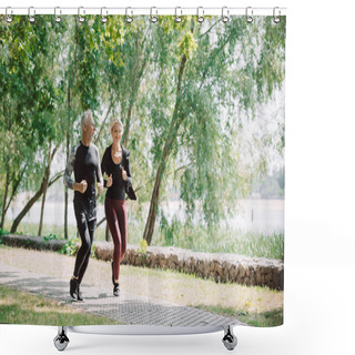 Personality  Sportive Mature Sportsman And Sportswoman Running Together In Park Shower Curtains