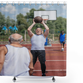 Personality  Selective Focus Of Old Multiethnic Friends Playing Basketball On Summer Day Shower Curtains