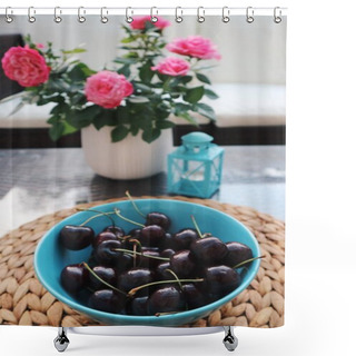 Personality  Pile Of Fresh Cherries On Plate, Summer Berries  Shower Curtains