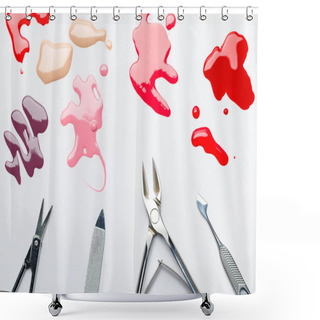 Personality  Top View Of Multicolored Puddles Of Nail Polish Near Manicure Set Isolated On Grey Shower Curtains