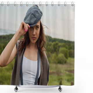 Personality  Fashionable Brunette Woman In Suspenders And Vintage Clothes Wearing Newsboy Cap And Looking Away While Standing With Blurred Nature At Background, Fashion-forward In Countryside Shower Curtains
