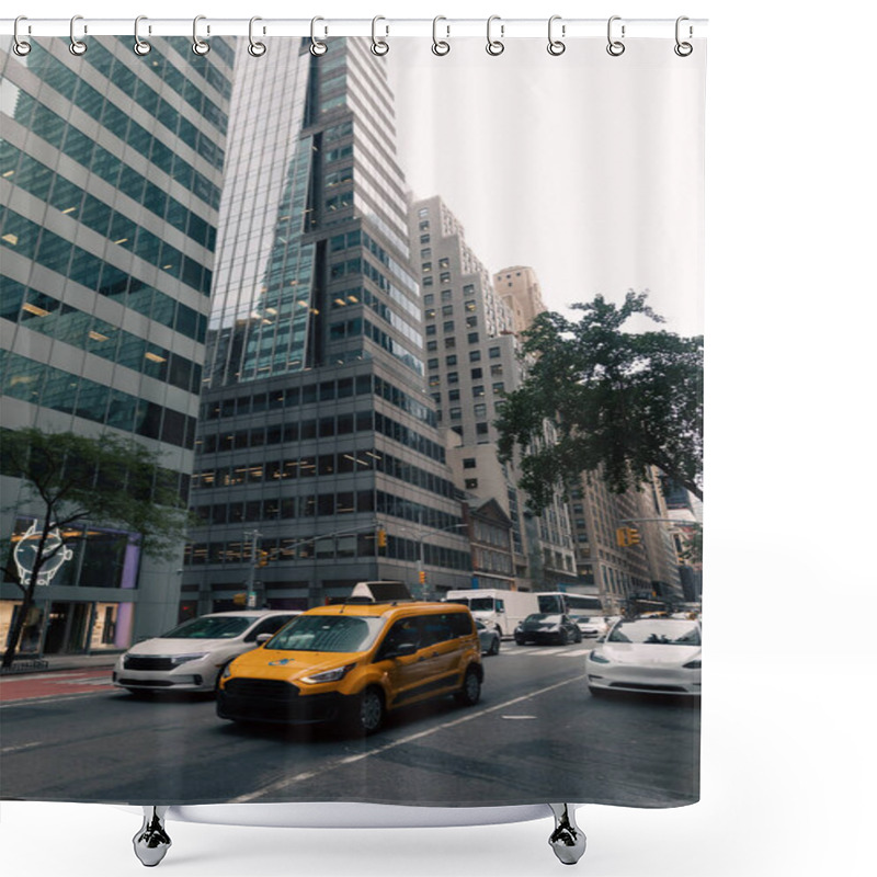 Personality  NEW YORK, USA - OCTOBER 13, 2022: Yellow Taxi Car In Traffic On Road In Midtown Of City Shower Curtains