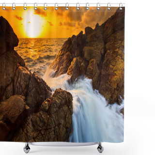 Personality  Wave Splashs On The Rock In The Sunset Shower Curtains