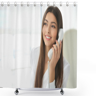 Personality  Woman Talking By Telephone Shower Curtains