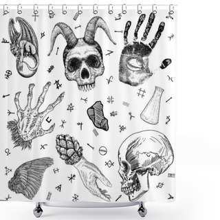 Personality  Witchcraft Set Of Occult Medium Reader Equipment. Alchemy, Religion And Spirituality Occultism. Witch Magic Elements Set. Human Skull, Glass Potion Cup, Palmistry Reader Hand, Woman Witch Palm. Vector Shower Curtains