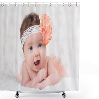 Personality  Newborn Girl Portrait With Knitted Bandage In The Form Of A Flower. Shower Curtains