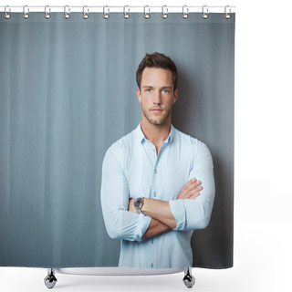 Personality  Portrait Of Serious Man Against Blue Background Shower Curtains