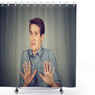 Personality  Portrait Disgusted Young Man. Negative Human Emotion Shower Curtains