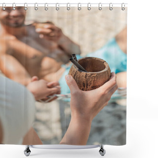 Personality  Cropped View Of Girl Bringing Coconut Cocktail To Her Boyfriend On Hammock, Selective Focus Shower Curtains