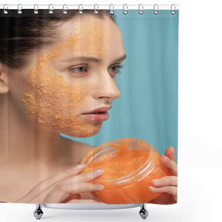 Personality  Attractive Woman Applying Yellow Sugar Scrub From Plastic Container, Isolated On Blue Shower Curtains