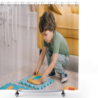 Personality  Concentrated Kid In Green T-shirt Playing With Puzzle Mat Shower Curtains