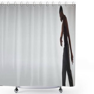 Personality  Side View Of Muscular Afroamerican Model In Pants And Necklaces Standing In Shadow Isolated On Grey, Confident And Modern Pose, Fashion Shoot, Banner, Shirtless Man Shower Curtains