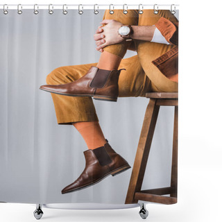Personality  Cropped View Of Stylish Man In Brown Shoes Sitting On Wooden Chair Isolated On Grey  Shower Curtains