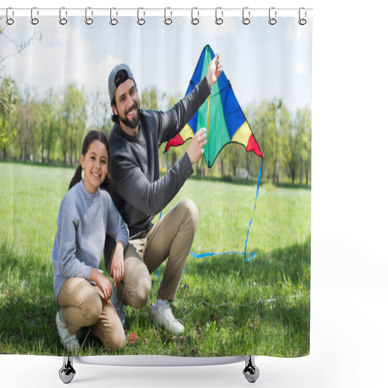 Personality  Happy Father And Daughter Sitting With Kite On Meadow In Park Shower Curtains