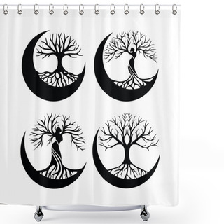 Personality  Set Of Tree Of Life Crescent Moon Decoration Element Shower Curtains