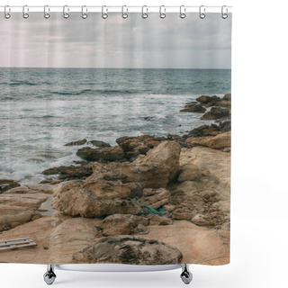 Personality  Tranquil Coastline With Stones Near Mediterranean Sea Against Sky With Clouds  Shower Curtains