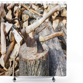 Personality  Two Axe On Rustic Courtyard Shower Curtains