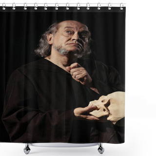 Personality  Medieval Religious Philosopher With Skull Looking Up While Thinking Isolated On Black Shower Curtains