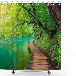 Personality  Deep Forest Stream With Crystal Clear Water In The Sunshine. Plitvice Lakes, Croatia Shower Curtains