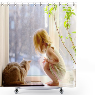 Personality  Girl And Cat Looking Out Of The Window Shower Curtains