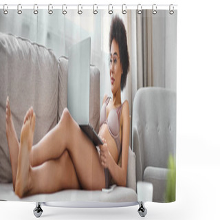 Personality  Banner Of African American Woman In Lingerie And Glasses Working Remotely On Laptop In Living Room Shower Curtains