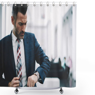Personality  Confident Mature Entrepreneur Dressed In Formal Wear Checking Time On Watch Standing In Office Of Financial Company.Serious Busy Corporate Director Middle Aged.Successful Businessman In Suit Shower Curtains