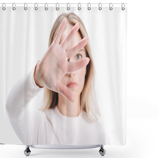 Personality  Blonde Woman Showing Stop Sign And Looking At Camera Isolated On White Shower Curtains