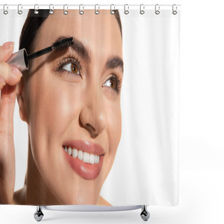 Personality  Close Up Of Happy Young Woman Holding Brush And Styling Eyebrows With Gel Isolated On White  Shower Curtains