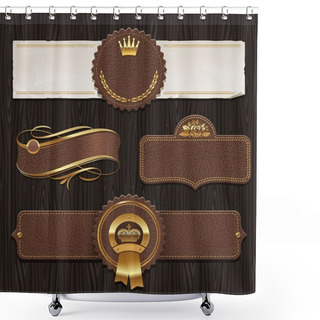 Personality  Vector Set Of Leather & Golden Framed Labels Shower Curtains