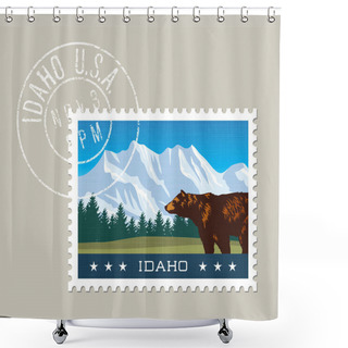 Personality  Idaho Vector Illustration Of Snowy Mountains And Grizzly Bear.  Shower Curtains