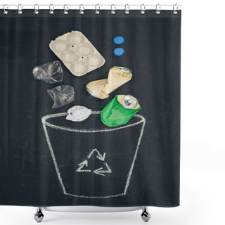 Personality  Different Types Of Trash Falling Into Drawn Trash Bin With Recycle Sign On Chalkboard Shower Curtains