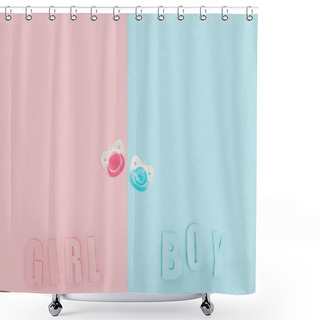Personality  Top View Of Pacifiers, Boy, Girl Lettering On Pink And Blue Background With Copy Space Shower Curtains
