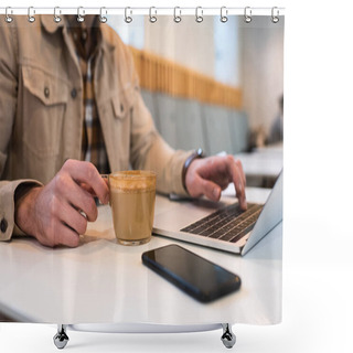 Personality  Cropped View Of Freelancer With Cup Of Coffee Typing On Laptop Keyboard Shower Curtains