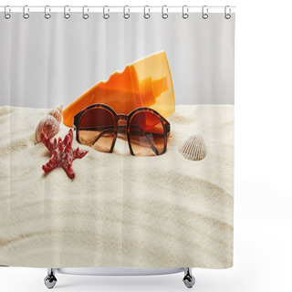 Personality  Brown Stylish Sunglasses On Sand With Red Starfish, Seashells And Sunscreen In Orange Bottle On Grey Background Shower Curtains