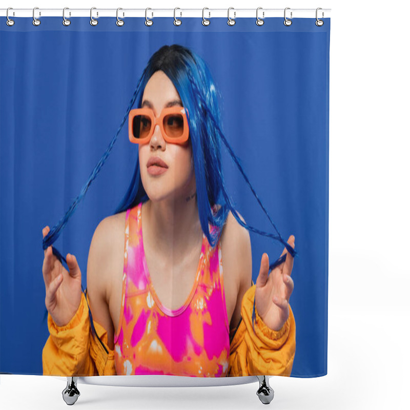 Personality  fashion statement, young female model with blue hair touching braids and trendy sunglasses isolated on blue background, generation z, rebel style, colorful clothes, individualism, modern woman  shower curtains