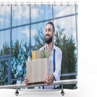 Personality  Fired Happy Businessman With Cardboard Box Shower Curtains