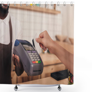 Personality  Cropped View Of Client Paying With Credit Card And Terminal In Cafe Shower Curtains
