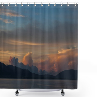 Personality  Beautiful Sunset Cloudy Sky Over Sea And Hills Shower Curtains